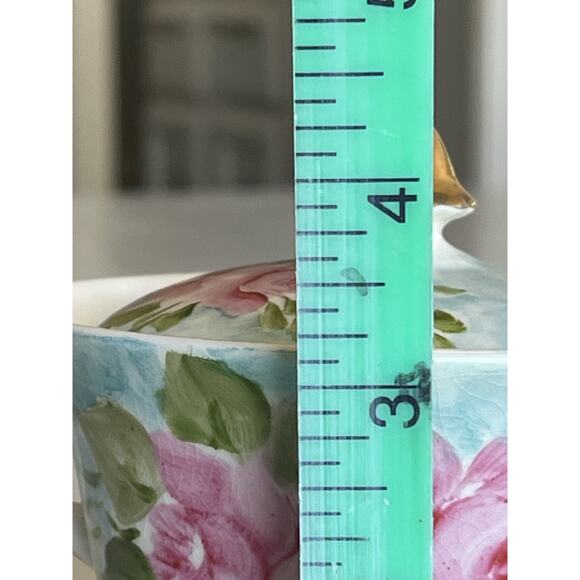 Hand Painted Porcelain Sugar Or Honey Bowl Lid Blue Pink Roses Gold Trim Signed - Picture 15 of 16